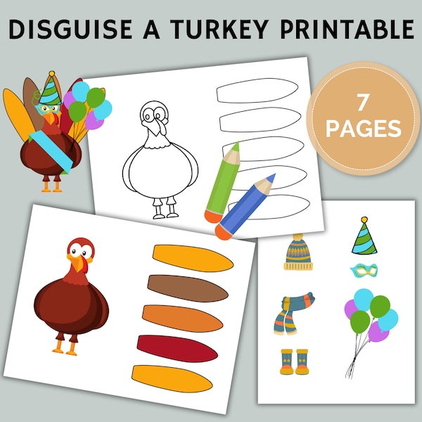 Disguise A Turkey Printable | Thankful Turkey or Build a Turkey Activity  | Turkey in Disguise | Thanksgiving Craft | 7 Pages