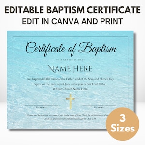 Plantilla de certificado de bautismo editable / Certificado de bautismo en agua imprimible / Certificado de dedicación / Plantilla Canva / Carta de EE. UU., 5x7", A4