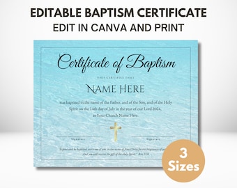 Editable Baptism Certificate Template | Printable Water Baptism Certificate | Dedication Certificate | Canva Template | US Letter, 5x7", A4