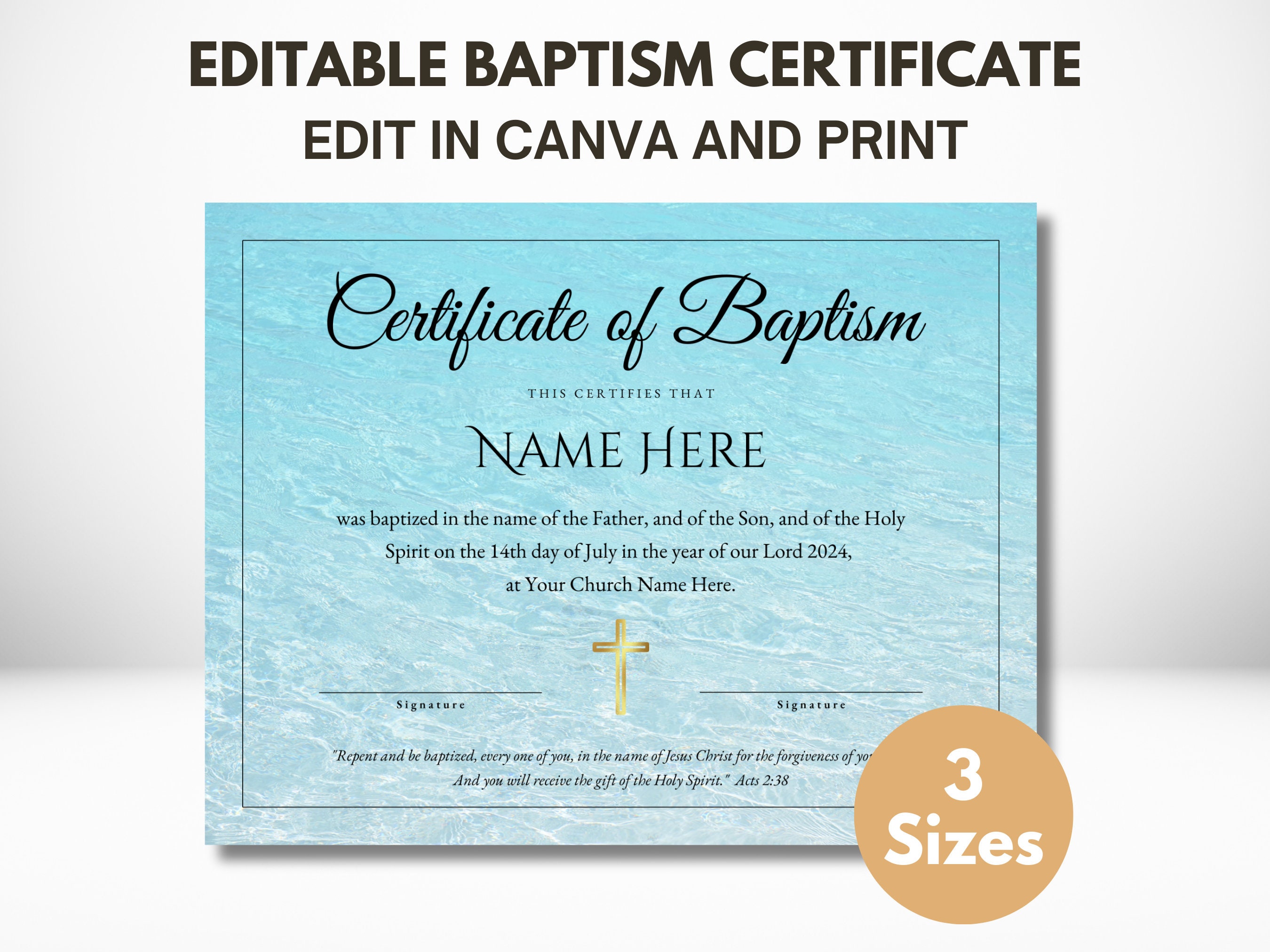 Editable Baptism Certificate Template | Printable Water Baptism ...