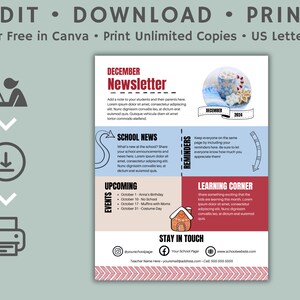 Puede incluir: Una plantilla de bolet&iacute;n de noticias de diciembre para escuelas con un esquema de color rojo, blanco y azul. La plantilla incluye secciones para noticias escolares, eventos pr&oacute;ximos, recordatorios y un rinc&oacute;n de aprendizaje. La plantilla tambi&eacute;n incluye una secci&oacute;n para mantenerse en contacto con iconos de redes sociales e informaci&oacute;n de contacto.