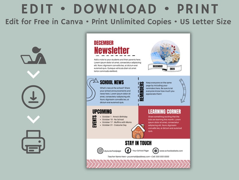 Puede incluir: Una plantilla de bolet&iacute;n de noticias de diciembre para escuelas con un esquema de color rojo, blanco y azul. La plantilla incluye secciones para noticias escolares, eventos pr&oacute;ximos, recordatorios y un rinc&oacute;n de aprendizaje. La plantilla tambi&eacute;n incluye una secci&oacute;n para mantenerse en contacto con iconos de redes sociales e informaci&oacute;n de contacto.