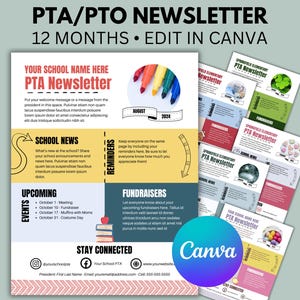 Pode incluir: Um modelo de boletim informativo PTA/PTO imprimível e colorido para escolas. O modelo é projetado para uso com Canva e inclui seções para notícias escolares, eventos futuros, lembretes e arrecadações de fundos. O modelo é decorado com uma maçã vermelha, uma pilha de livros e uma seta desenhada à mão.