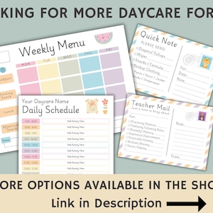 May include: A set of printable daycare forms with a colorful design. The forms include a weekly menu, daily schedule, quick note, and teacher mail. The forms are perfect for organizing and communicating with parents.