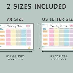 May include: Two printable weekly menu planners in different sizes: A4 (11.7 x 8.3 inches) and US Letter (11 x 8.5 inches). Each planner features a watermelon graphic and sections for breakfast, morning snack, lunch, afternoon snack, and notes.