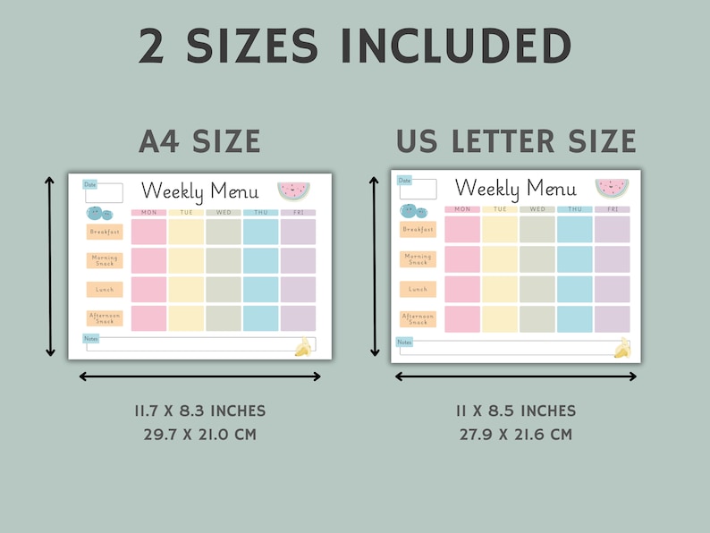 May include: Two printable weekly menu planners in different sizes: A4 (11.7 x 8.3 inches) and US Letter (11 x 8.5 inches). Each planner features a watermelon graphic and sections for breakfast, morning snack, lunch, afternoon snack, and notes.