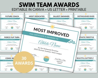 May include: A set of 30 printable swim team award certificates. Each certificate features a blue and yellow design with a swimmer and a sun. The text "MOST IMPROVED" is highlighted in black. The text "This certificate is awarded to" is also included.