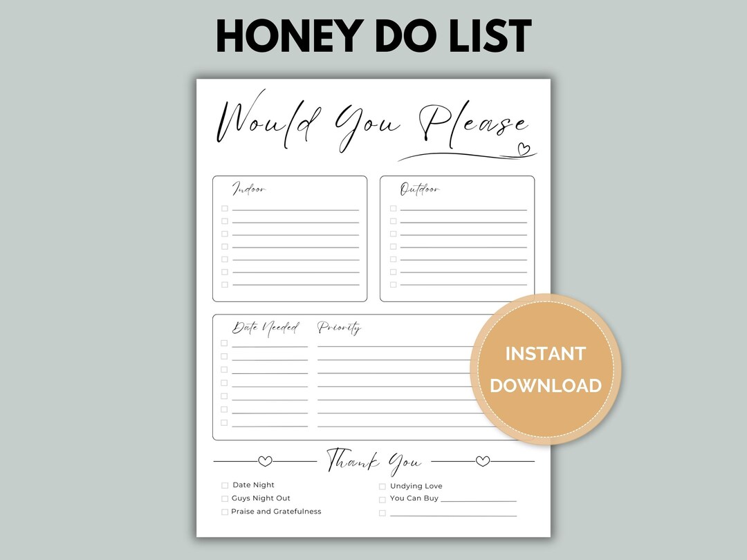 Honey Do List Printable | Would You Please List | Instant Download | Chore Checklist for Husband, Spouse, Partner - Etsy for Free Printable Honey Do List