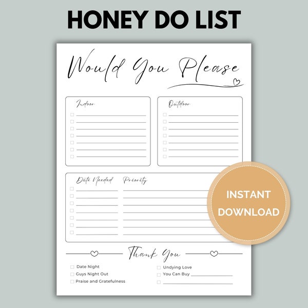 Honey Do List Printable | Would You Please List | Instant Download | Chore Checklist for Husband, Spouse, Partner