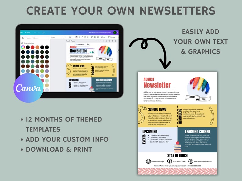 Puede incluir: Una plantilla de Canva colorida para un bolet&iacute;n escolar. La plantilla est&aacute; dise&ntilde;ada para agosto e incluye secciones para noticias escolares, eventos pr&oacute;ximos, recordatorios y un rinc&oacute;n de aprendizaje. La plantilla es personalizable con tu propio texto y gr&aacute;ficos.