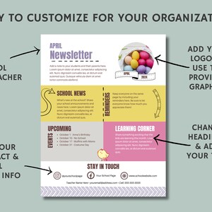 Puede incluir: Una plantilla de bolet&iacute;n informativo imprimible colorida para escuelas. La plantilla presenta un esquema de color amarillo y rosa con un pollito de dibujos animados y una cesta de huevos de Pascua. El texto incluye "Bolet&iacute;n de abril", "Noticias de la escuela", "Pr&oacute;ximos eventos", "Recordatorios", "Esquina de aprendizaje" y "Mantente en contacto".