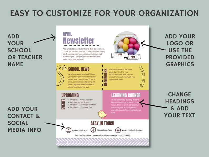 Puede incluir: Una plantilla de bolet&iacute;n informativo imprimible colorida para escuelas. La plantilla presenta un esquema de color amarillo y rosa con un pollito de dibujos animados y una cesta de huevos de Pascua. El texto incluye "Bolet&iacute;n de abril", "Noticias de la escuela", "Pr&oacute;ximos eventos", "Recordatorios", "Esquina de aprendizaje" y "Mantente en contacto".