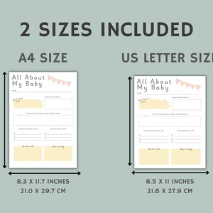 May include: Two printable baby memory book pages in A4 and US Letter sizes. The pages are white with a light yellow and pink design. The text "All About My Baby" is at the top of each page.