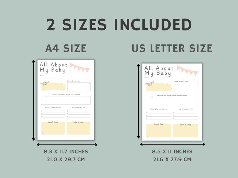 May include: Two printable baby memory book pages in A4 and US Letter sizes. The pages are white with a light yellow and pink design. The text "All About My Baby" is at the top of each page.