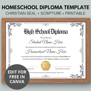 Bearbeitbare Christian Homeschool Diploma Vorlage | Abitur | Abitur | Ausdruckbares Diplom | Canva Vorlage | Goldsiegel