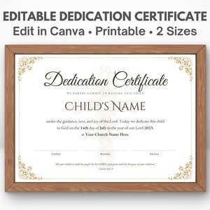 Plantilla de certificado de dedicación de bebé / Certificado de bautismo / Plantilla de certificado editable imprimible / Plantilla Canva / Tamaños Carta de EE. UU. y A4