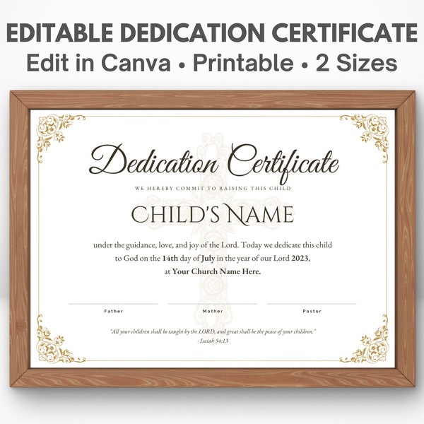 Baby Dedication Certificate Template | Baptism Certificate | Printable Editable Certificate Template | Canva Template | US Letter & A4 sizes