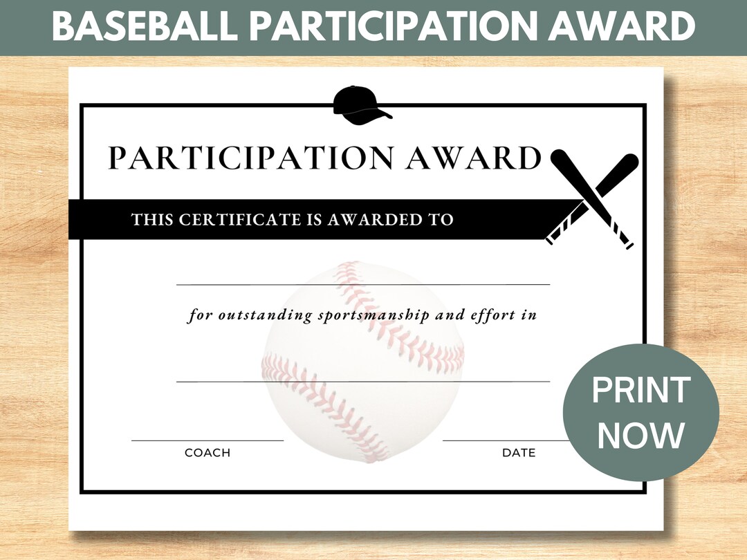 Printable Baseball Award Certificate Participation Award - Etsy