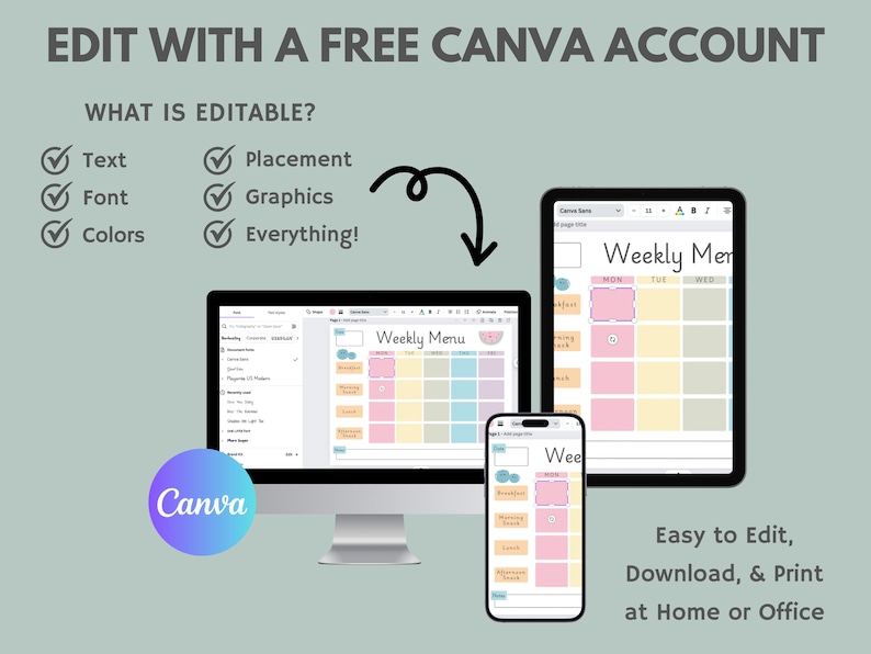 May include: A computer screen displaying a weekly menu template on Canva. The template is customizable with text, colors, graphics, and placement. The text on the template reads "Weekly Menu" and includes days of the week: Monday, Tuesday, Wednesday. The image also shows a tablet and a smartphone displaying the same template.