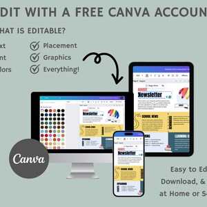 Puede incluir: Una pantalla de ordenador que muestra una plantilla de dise&ntilde;o de Canva para un bolet&iacute;n informativo. La plantilla es personalizable con texto, colores, gr&aacute;ficos y fuentes. La pantalla muestra un bolet&iacute;n informativo con el t&iacute;tulo "August Newsletter" y secciones para noticias escolares, recordatorios y oportunidades de aprendizaje. La imagen tambi&eacute;n muestra una tableta y un tel&eacute;fono inteligente que muestran la misma plantilla de bolet&iacute;n informativo.