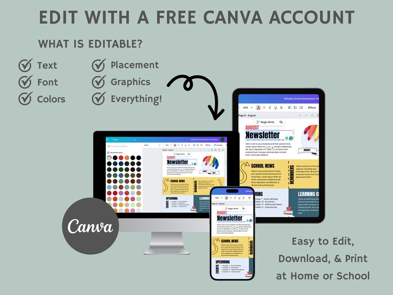 Puede incluir: Una pantalla de ordenador que muestra una plantilla de dise&ntilde;o de Canva para un bolet&iacute;n informativo. La plantilla es personalizable con texto, colores, gr&aacute;ficos y fuentes. La pantalla muestra un bolet&iacute;n informativo con el t&iacute;tulo "August Newsletter" y secciones para noticias escolares, recordatorios y oportunidades de aprendizaje. La imagen tambi&eacute;n muestra una tableta y un tel&eacute;fono inteligente que muestran la misma plantilla de bolet&iacute;n informativo.