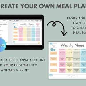 May include: A colorful weekly meal planner template with a watermelon graphic. The template is designed to be used with Canva, a free online design platform. The template includes sections for breakfast, morning snack, lunch, afternoon snack, and notes. The text "Weekly Menu" is at the top of the template.