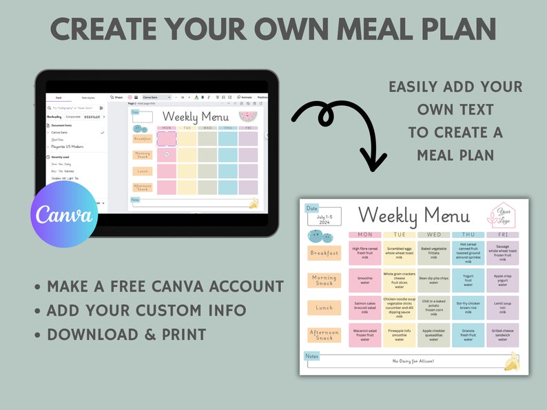 May include: A colorful weekly meal planner template with a watermelon graphic. The template is designed to be used with Canva, a free online design platform. The template includes sections for breakfast, morning snack, lunch, afternoon snack, and notes. The text "Weekly Menu" is at the top of the template.