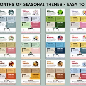 Puede incluir: Doce plantillas de boletines mensuales con temas de temporada. Cada plantilla tiene un esquema de color y un dise&ntilde;o diferentes, con ilustraciones de varios art&iacute;culos de temporada, como copos de nieve, corazones, tr&eacute;boles, huevos, fuegos artificiales, l&aacute;pices, manzanas, calabazas y copos de nieve. Las plantillas est&aacute;n dise&ntilde;adas para facilitar la edici&oacute;n y la personalizaci&oacute;n.