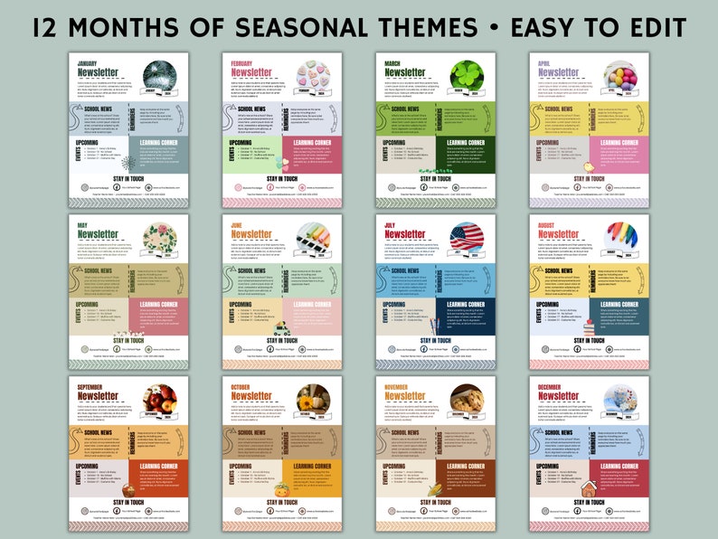 Puede incluir: Doce plantillas de boletines mensuales con temas de temporada. Cada plantilla tiene un esquema de color y un dise&ntilde;o diferentes, con ilustraciones de varios art&iacute;culos de temporada, como copos de nieve, corazones, tr&eacute;boles, huevos, fuegos artificiales, l&aacute;pices, manzanas, calabazas y copos de nieve. Las plantillas est&aacute;n dise&ntilde;adas para facilitar la edici&oacute;n y la personalizaci&oacute;n.