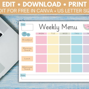 May include: A printable weekly menu planner with a watermelon and banana design. The planner has sections for breakfast, morning snack, lunch, afternoon snack, and notes. The days of the week are listed across the top: Monday, Tuesday, Wednesday, Thursday, and Friday.