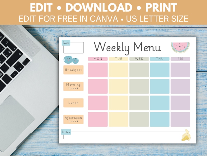 May include: A printable weekly menu planner with a watermelon and banana design. The planner has sections for breakfast, morning snack, lunch, afternoon snack, and notes. The days of the week are listed across the top: Monday, Tuesday, Wednesday, Thursday, and Friday.
