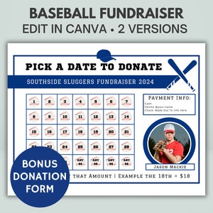 Baseball Fundraiser Template | Editable Baseball Fundraiser Calendar | Calendar Fundraiser | Pick A Date Donation | Canva Template