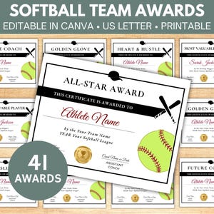 Editable Softball Award Certificate Template | Canva Template | Printable End of Season Team Party Awards | Baseball | T-ball | Team Awards
