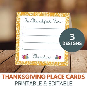 Cartões de lugar de Ação de Graças | Cartões de lugar editáveis | Cartões de nome de Ação de Graças para impressão | Modelo Canva | Agradecido Grato | Friendsgiving