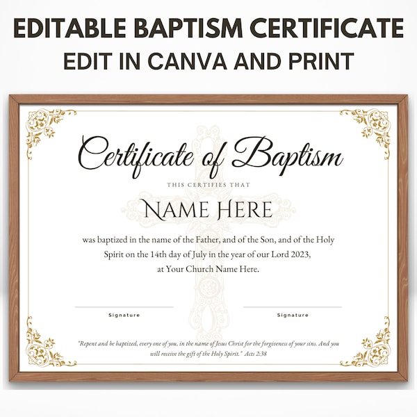 Modèle de certificat de baptême modifiable | Certificat de baptême imprimable | Certificat de dédicace | Modèle de toile | Formats US Letter et A4