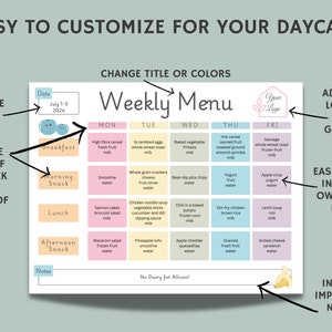 May include: A printable weekly menu planner for a daycare. The planner has a pink, blue, and yellow color scheme. It includes a space for the date, a place to add a logo, and a section for notes. The menu is divided into days of the week, with each day having a space for breakfast, morning snack, lunch, afternoon snack, and dinner.