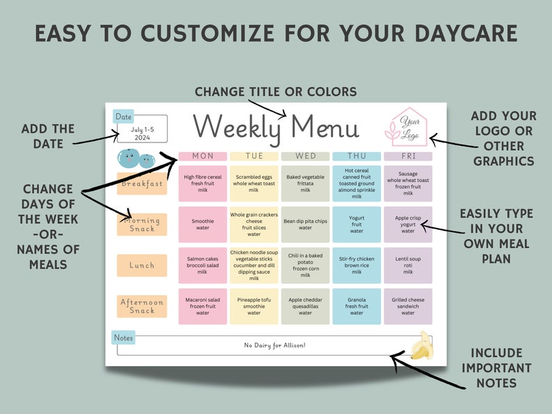 May include: A printable weekly menu planner for a daycare. The planner has a pink, blue, and yellow color scheme. It includes a space for the date, a place to add a logo, and a section for notes. The menu is divided into days of the week, with each day having a space for breakfast, morning snack, lunch, afternoon snack, and dinner.