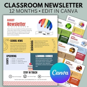 Monthly Classroom Newsletter | Canva Newsletter Template | Daycare Class Newsletter | School Newsletter Template  | Teacher Organization