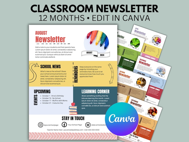 Puede incluir: Una plantilla de bolet&iacute;n informativo de aula colorida para agosto de 2024. La plantilla est&aacute; dividida en secciones para noticias de la escuela, eventos pr&oacute;ximos, recordatorios y un rinc&oacute;n de aprendizaje. La plantilla tambi&eacute;n incluye una secci&oacute;n de mantenerse en contacto con informaci&oacute;n de contacto e &iacute;conos de redes sociales. La plantilla est&aacute; dise&ntilde;ada para ser editada en Canva.