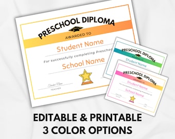 Editable Preschool Diploma Template | Printable Diploma | Canva Template | Preschool Graduation Certificate | Pre-K Grad | Instant Download