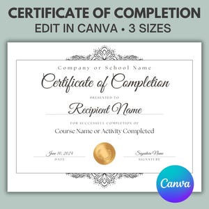 Pode incluir: Um modelo de certificado de conclusão imprimível com uma borda decorativa. O texto diz "Certificado de Conclusão" e inclui campos para o nome da empresa ou escola, o nome do destinatário, o nome do curso ou atividade concluída, a data e a assinatura.