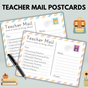 professor cartão postal | Correio Feliz | Nota rápida | Nota do professor para impressão para escola, creche, pré-escola, ensino doméstico, sala de aula | Recompensa de Comportamento