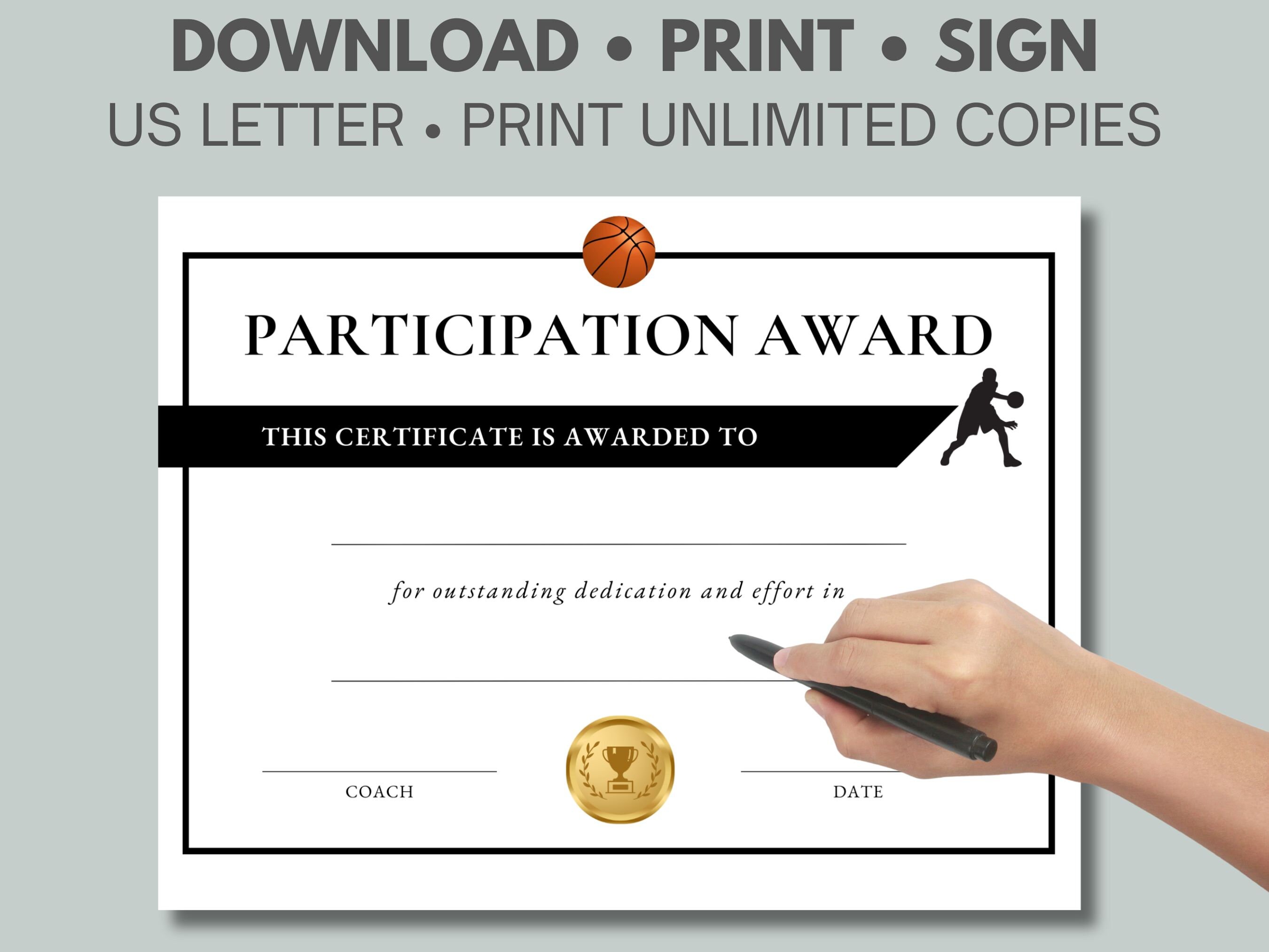 Printable Basketball Certificate Award Basketball Participation Award Printable Basketball Certificate Award Basketball Participation Award