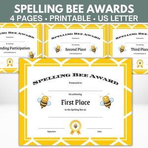 Spelling Bee Award Urkunde | Druckbar | 4 Seiten, darunter Erster Platz, Zweiter Platz, dritter Platz, Herausragende Teilnahme
