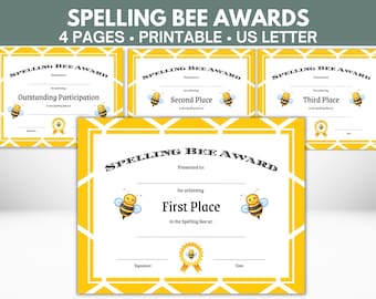 Certificado del Premio del Concurso de Ortografía / Imprimible / 4 Páginas incluyendo Primer Lugar, Segundo Lugar, Tercer Lugar, Participación Destacada