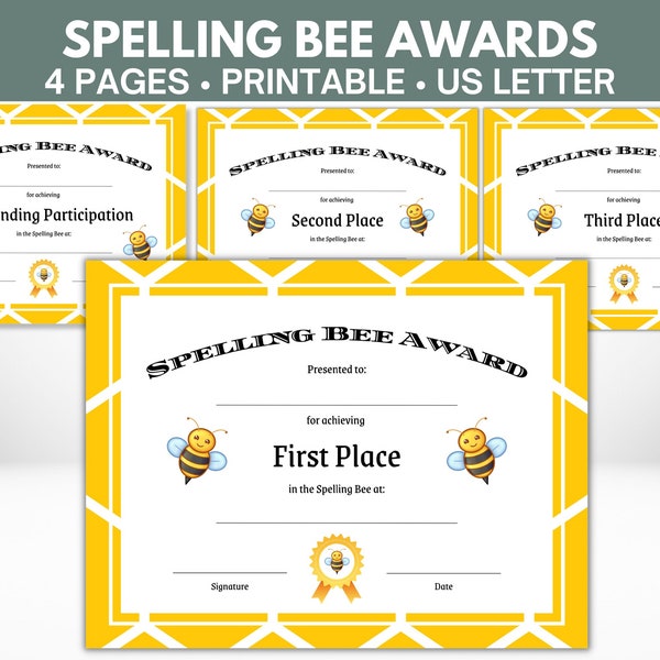 Spelling Bee Award Certificate | Printable | 4 Pages including First Place, Second Place, Third Place, Outstanding Participation