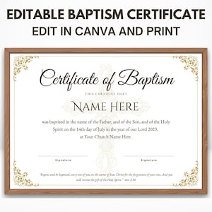 Plantilla de certificado de bautismo editable / Certificado de bautismo imprimible / Certificado de dedicación / Plantilla Canva / Tamaños Carta de EE. UU. y A4