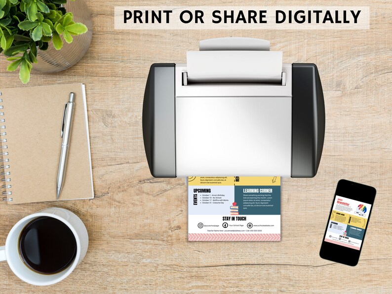 Puede incluir: Una impresora blanca y negra con una hoja de papel saliendo de ella. El papel tiene un folleto colorido con el texto "Pr&oacute;ximos eventos", "Esquina de aprendizaje" y "Mantente en contacto". Un tel&eacute;fono inteligente negro est&aacute; al lado de la impresora, mostrando el mismo folleto en la pantalla. El texto "IMPRIMIR O COMPARTIR DIGITALMENTE" est&aacute; en la parte superior de la imagen.