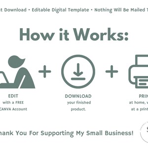 Puede incluir: Una ilustraci&oacute;n verde que muestra c&oacute;mo editar, descargar e imprimir un producto digital. La ilustraci&oacute;n muestra a una persona en una computadora port&aacute;til, una flecha de descarga y una impresora. El texto dice "C&oacute;mo funciona: Editar con una cuenta gratuita de Canva, Descargar tu producto terminado, Imprimir en casa, en el trabajo o en una tienda de impresi&oacute;n. &iexcl;Gracias por apoyar mi peque&ntilde;o negocio!"