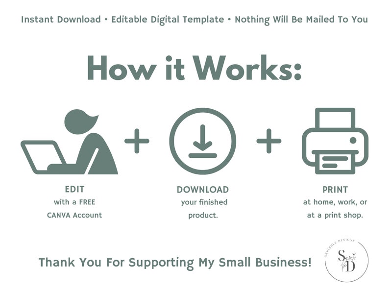 Puede incluir: Una ilustraci&oacute;n verde que muestra c&oacute;mo editar, descargar e imprimir un producto digital. La ilustraci&oacute;n muestra a una persona en una computadora port&aacute;til, una flecha de descarga y una impresora. El texto dice "C&oacute;mo funciona: Editar con una cuenta gratuita de Canva, Descargar tu producto terminado, Imprimir en casa, en el trabajo o en una tienda de impresi&oacute;n. &iexcl;Gracias por apoyar mi peque&ntilde;o negocio!"